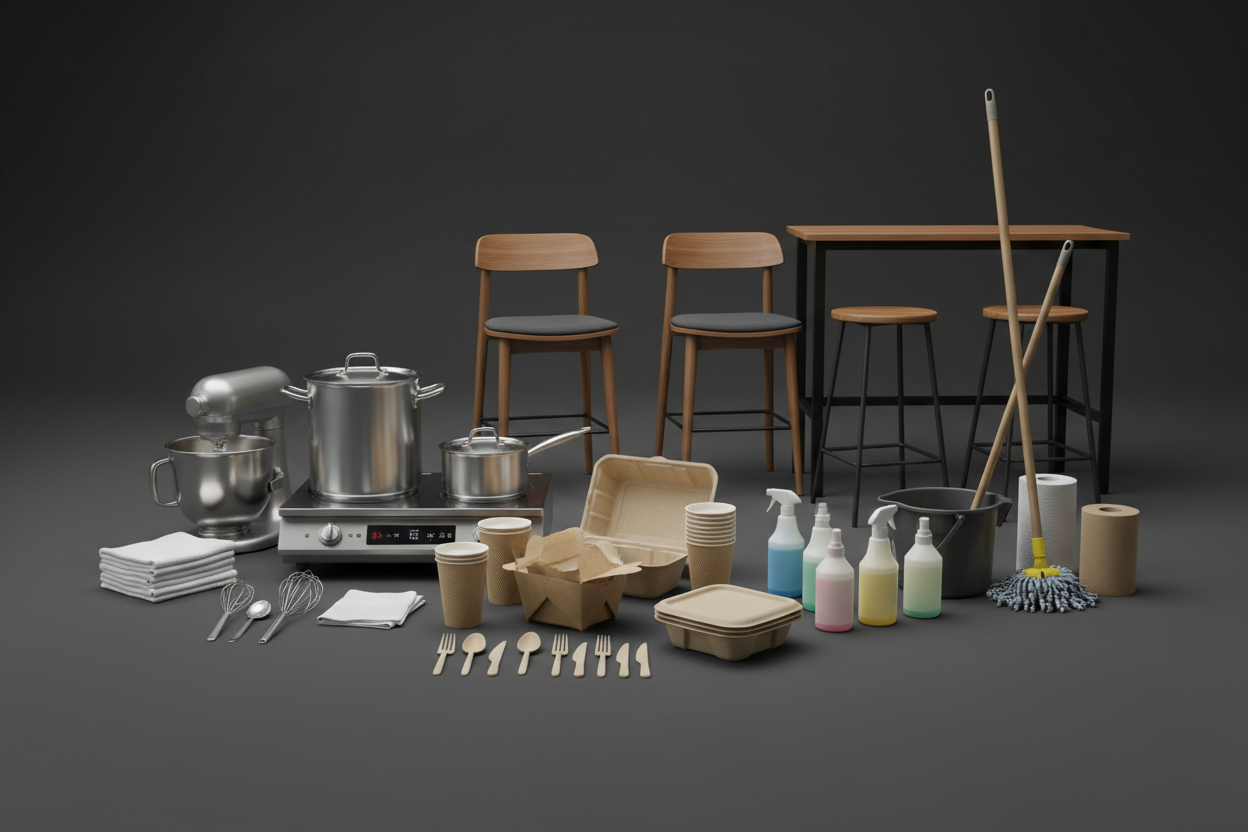 Generic takeout products, kitchen equipment, janitorial supplies and restaurant furniture on a dark grey background - no label collection image