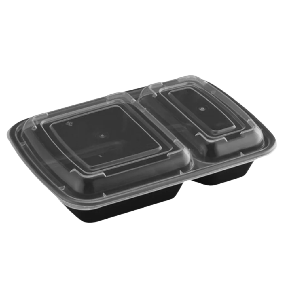 2-Compartment Black Rectangular Microwaveable Containers with Clear Lid