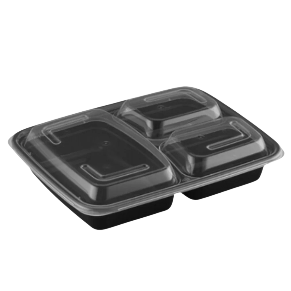 3-Compartment Black Rectangular Microwaveable Containers with Clear Lid