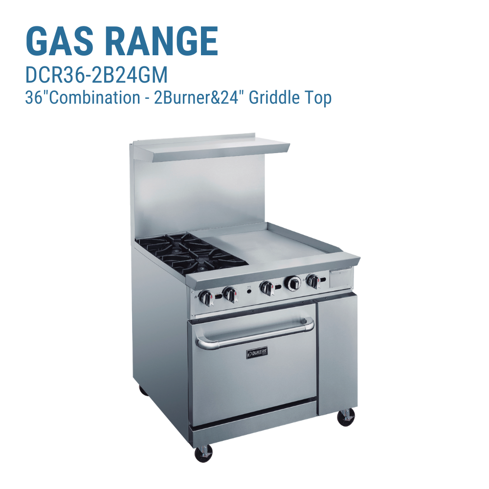 Dukers Gas Range 36"W 2 Burner & 24" Griddle Top #DCR36-2B24GM