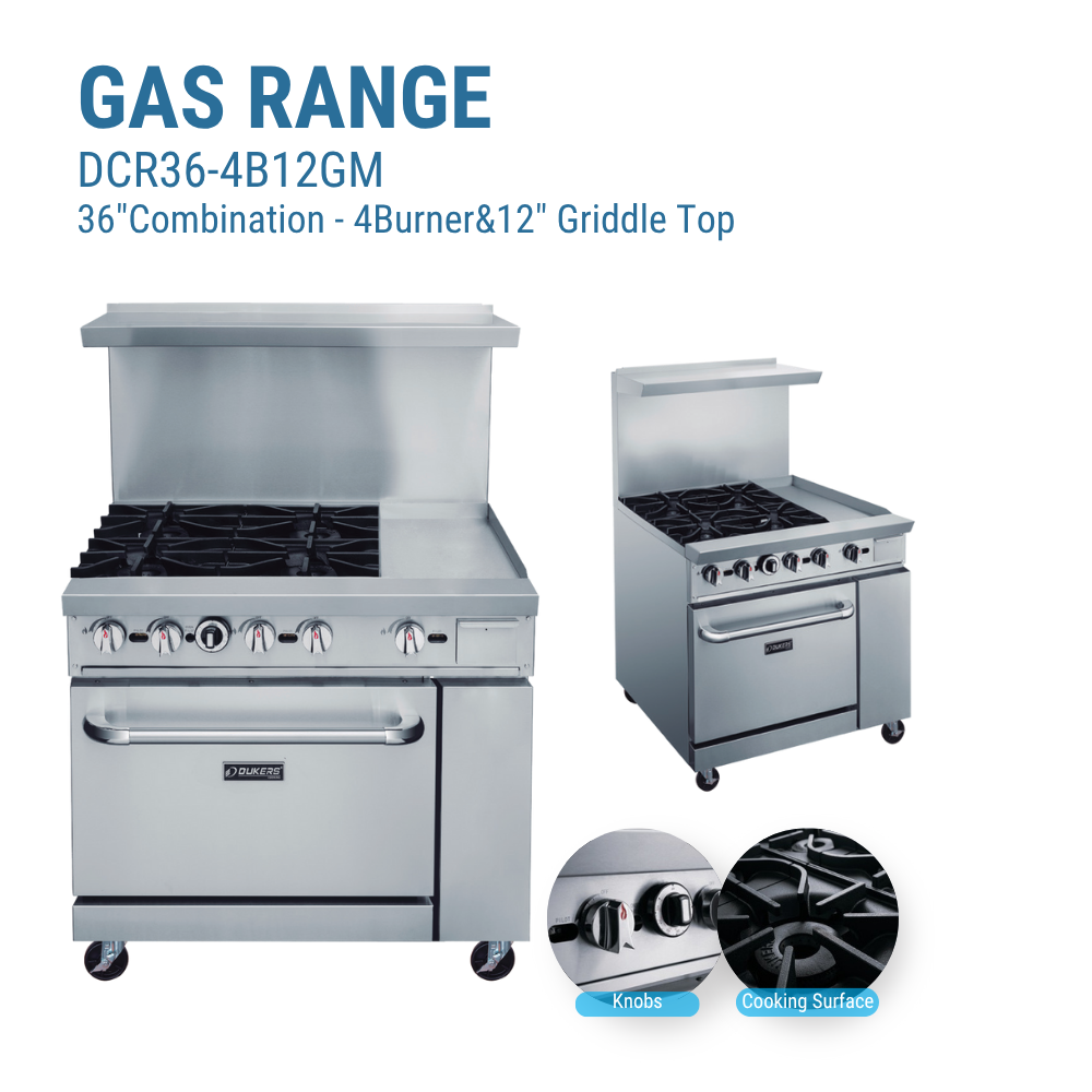 Dukers Gas Range 36"W 4 Burner & 12" Griddle Top #DCR36-4B12GM