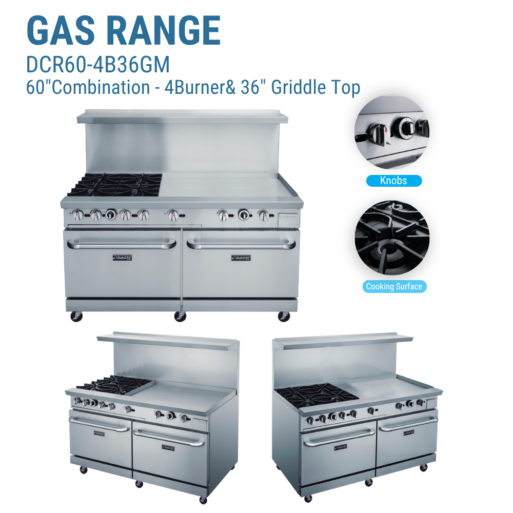 Dukers 60" Gas Range with Four (4) Open Burners & 36" Griddle #DCR60-4B36GM