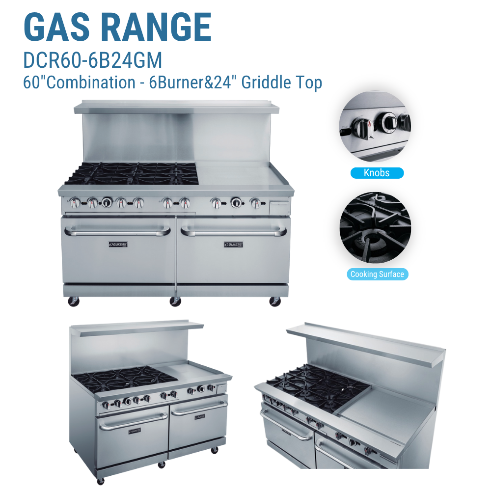 Dukers 60" Gas Range with Six (6) Open Burners & 24" Griddle #DCR60-6B24GM