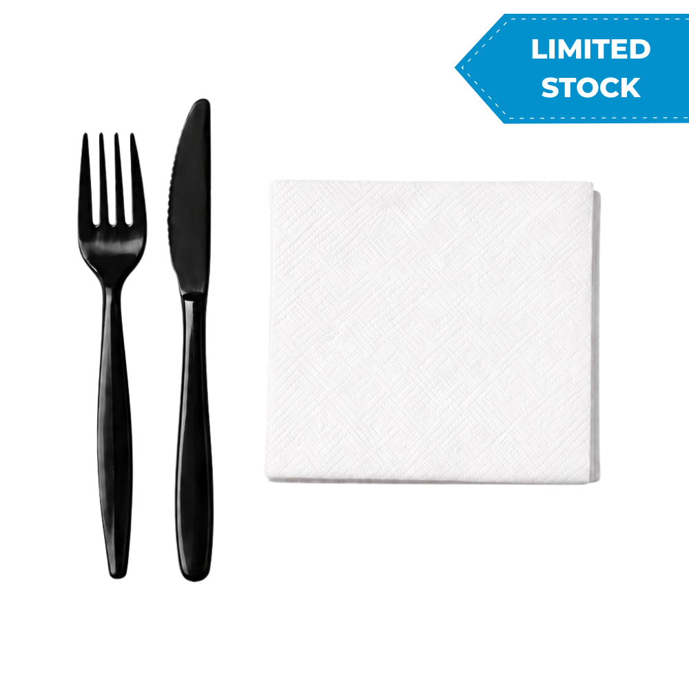 Heavy Weight Black Cutlery Kit - Knife, Fork, and 1-Ply Napkin (250pcs/case)