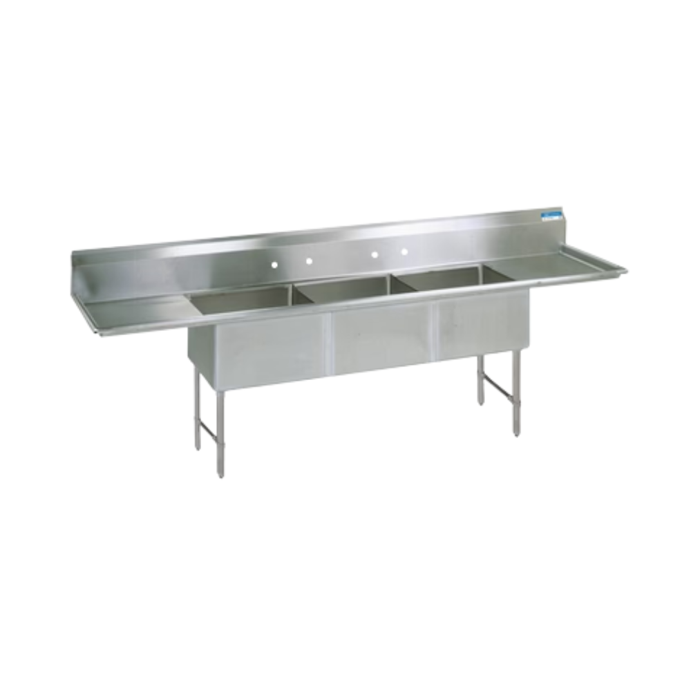 BK Resources 3 Compartment Sink With Dual 24" Drainboards (24"L x 18"W x 14"D Bowls)