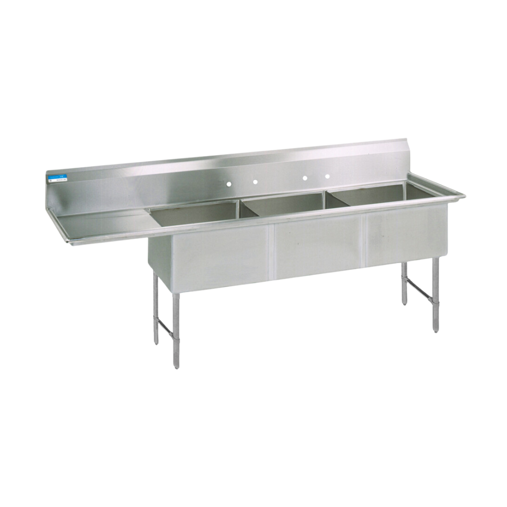 BK Resources 3 Compartment Sink With Right Drainboard (24"L x 24"W x 14"D Bowls)