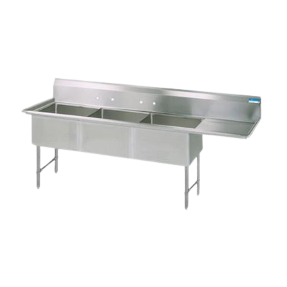 BK Resources 3 Compartment Sink With Right Drainboard (24"L x 24"W x 14"D Bowls)