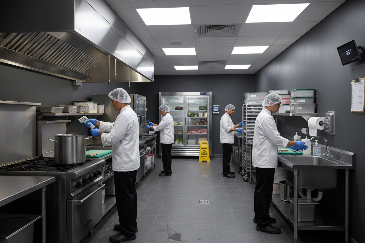 Food safety compliance in a kitchen restaurant with a dark grey background