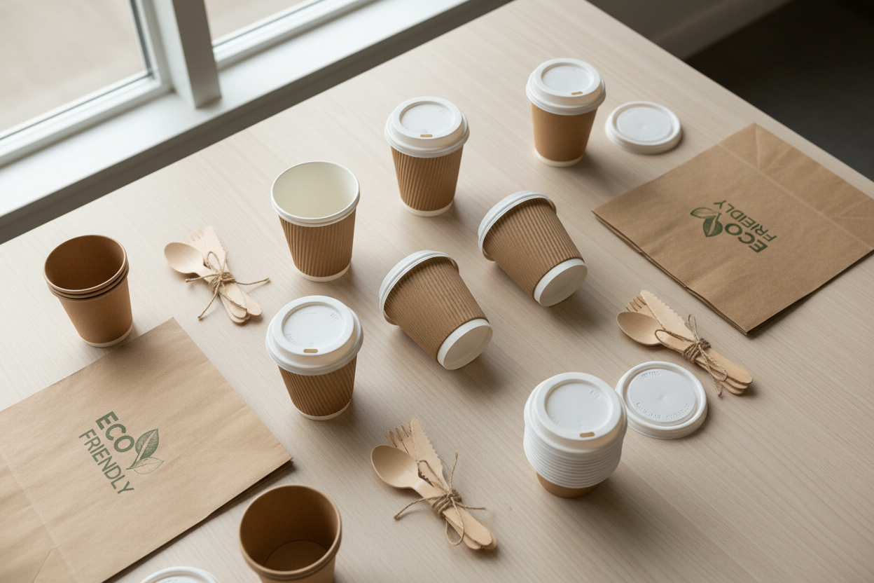Please create a mobile format bakcground image with take out products like paper cups, brown paper bag and plastic cutlery, coffee cusps and lids