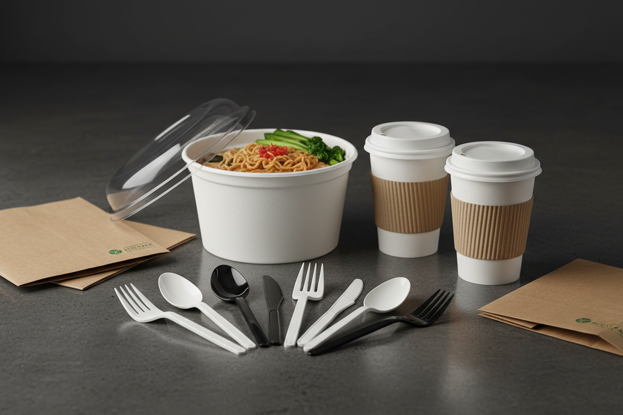 White, black and transparent Plastic cutlery, noodle bowl, white coffee cups and lids, brown paper bags on the floor with dark background